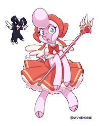 Size: 825x1050 | Tagged: safe, alternate version, artist:nekocrispy, imported from derpibooru, dog, lamb, sheep, them's fightin' herds, cardcaptor sakura, clothes, community related, cosplay, costume, open mouth, pom (tfh), simple background, staff, transparent background