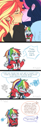 Size: 1280x3906 | Tagged: safe, artist:lzjian79, imported from derpibooru, rainbow dash, sci-twi, sunset shimmer, twilight sparkle, equestria girls, 4 panel comic, blushing, comic, eyes closed, female, implied applejack, implied rarity, kissing, lesbian, scitwishimmer, shipping, simple background, sunsetsparkle, white background
