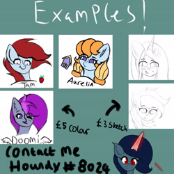 Size: 1920x1920 | Tagged: safe, artist:houndy, imported from derpibooru, oc, oc:doomi, oc:houndy, oc:strawberry jam, oc:virdia, advertisement, commission info