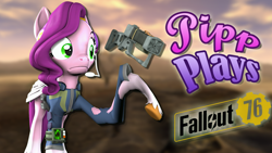 Size: 1920x1080 | Tagged: safe, artist:pika-robo, imported from derpibooru, pipp petals, pegasus, pony, series:pipp plays, 3d, clothes, confused, error, fake thumbnail, fallout, fallout 76, female, floating, frown, g5, gamer pipp, gaming headset, glitch, gun, headset, jumpsuit, let's play, looking at something, mare, pipbuck, pun, solo, source filmmaker, take that, vault suit, wasteland, weapon, youtube thumbnail