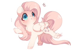 Size: 1024x686 | Tagged: safe, artist:loyaldis, imported from derpibooru, fluttershy, ..., :<, blushing, chest fluff, cute, digital art, female, full body, hooves, looking back, mare, simple background, solo, unshorn fetlocks, white background, wings