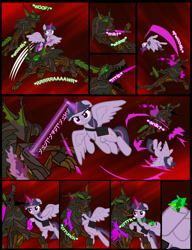 Size: 1042x1358 | Tagged: safe, artist:dendoctor, imported from derpibooru, mean twilight sparkle, twilight sparkle, alicorn, pony, timber wolf, comic:clone.., alternate universe, bag, clone, comic, energy blast, energy sword, everfree forest, female, g4, glow, glowing horn, horn, magic, mare, saddle bag, sword, telekinesis, twilight sparkle (alicorn), weapon