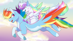 Size: 1920x1080 | Tagged: safe, artist:fluffy-fillies, imported from derpibooru, rainbow dash, oc, oc:iridescent dream land, alicorn, pegasus, pony, alicorn oc, bandaid, colored wings, duo, eyes closed, female, flying, foal, horn, looking back, mare, mother and child, multicolored wings, multiple parents, offspring, open mouth, parent:applejack, parent:fluttershy, parent:pinkie pie, parent:rainbow dash, parent:rarity, parent:twilight sparkle, parents:omniship, ponies riding ponies, rainbow wings, riding, smiling, wings