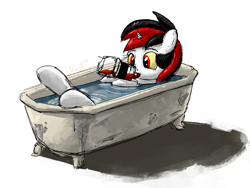 Size: 1883x1419 | Tagged: safe, artist:uteuk, imported from derpibooru, oc, oc only, oc:blackjack, pony, unicorn, fallout equestria, fallout equestria: project horizons, alcohol, bath, drinking, fanfic art, horn, simple background, small horn, solo, water, white background, wild pegasus, yellow eyes