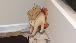 Size: 1120x630 | Tagged: safe, artist:mariashek, imported from derpibooru, oc, oc:arthur ali, pony, unicorn, bag, bag on head, behaving like a cat, chest fluff, clothes, horn, horn impalement, paper bag, solo