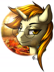 Size: 1758x2351 | Tagged: safe, artist:neonyx, imported from derpibooru, oc, oc only, oc:golden autumn, pony, unicorn, bust, digital art, glasses, horn, leaves, male, portrait, simple background, solo, unicorn oc, white background