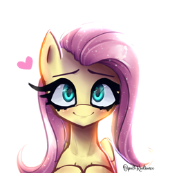 Size: 2800x2840 | Tagged: safe, artist:opal_radiance, imported from derpibooru, fluttershy, pegasus, pony, bright, cute, digital art, female, half body, heart, looking at you, mare, simple background, smiling, smiling at you, solo, white background, wings