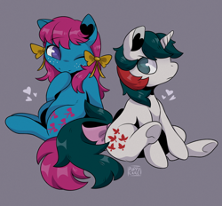 Size: 640x594 | Tagged: safe, artist:kzhound, imported from derpibooru, bowtie (g1), gusty, earth pony, unicorn, bow, duo, duo female, female, freckles, g1, gray background, hair, hair bow, heart, heart ears, mare, no pupils, one eye closed, reddit, shiny hair, shiny mane, signature, simple background, tail, tail bow, wink