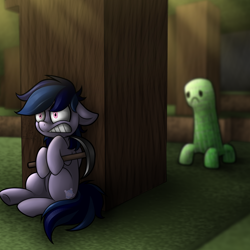 Size: 1402x1402 | Tagged: safe, artist:wingedwolf94, oc, oc only, unnamed oc, bat pony, creeper, gritted teeth, minecraft, pickaxe, sad, scared, tree