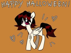 Size: 640x480 | Tagged: safe, artist:noriiuwu, imported from derpibooru, oc, oc only, oc:killjoy, pegasus, black outlines, cross, cross necklace, ear piercing, exclamation point, female, happy halloween, heart, jewelry, mare, necklace, orange background, pegasus oc, piercing, reddit, shiny mane, simple background, solo, solo female, wings