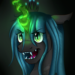 Size: 2100x2100 | Tagged: safe, artist:bennythebunny95, imported from derpibooru, queen chrysalis, changeling, changeling queen, bust, female, glow, glowing horn, high res, horn, open mouth, portrait, solo