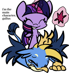 Size: 1420x1496 | Tagged: safe, artist:derp pone, imported from derpibooru, gallus, twilight sparkle, alicorn, pony, abuse, crying, doodle, duo, element of magic, gallabuse, go to sleep cozy glow, grin, gundam, in pain, reference, smiling, struggling, tears of pain, twilight sparkle (alicorn)