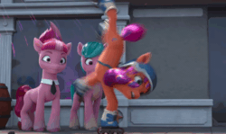 Size: 1280x764 | Tagged: safe, imported from derpibooru, screencap, sunny starscout, earth pony, pony, spoiler:g5, spoiler:my little pony: make your mark chapter 2, spoiler:myms01e08, animated, barrel, clothes, coat markings, dahlia, female, g5, gif, have you seen this dragon?, helmet, mare, my little pony: make your mark, my little pony: make your mark chapter 2, necktie, roller skates, scarf, socks (coat markings), spinning, sweets (g5), trio, trio female