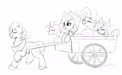 Size: 3000x1844 | Tagged: safe, artist:taneysha, imported from derpibooru, apple bloom, applejack, big macintosh, granny smith, pinkie pie, earth pony, pony, pinkie apple pie, cart, grayscale, inktober, inktober 2022, monochrome, scene interpretation, simple background, white background