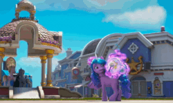 Size: 1280x764 | Tagged: safe, imported from derpibooru, screencap, izzy moonbow, sunny starscout, earth pony, pony, unicorn, spoiler:g5, spoiler:my little pony: make your mark chapter 2, spoiler:myms01e08, animated, background pony, ball, bubble, cellphone, cookie, crowd, cymbals, drums, flugelhorn, food, g5, gazebo, glasses, harmonica, have you seen this dragon?, izzy's tennis ball, levitation, magic, musical instrument, my little pony: make your mark, my little pony: make your mark chapter 2, one-mare band, one-pony band, phone, playing, police station, sound, street, telekinesis, tennis ball, trumpet, webm