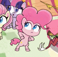Size: 321x315 | Tagged: safe, imported from derpibooru, screencap, discord, fluttershy, pinkie pie, twilight sparkle, alicorn, earth pony, pegasus, pony, discord's peak, my little pony: pony life, animated, bipedal, cropped, cute, diapinkes, female, gif, mare, offscreen character