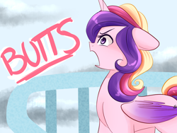 Size: 1600x1200 | Tagged: safe, artist:sugarberry, imported from derpibooru, princess cadance, alicorn, pony, ask-cadance, balcony, butts, female, floppy ears, frown, glare, mare, open mouth, solo, yelling