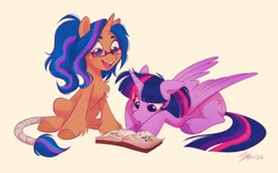 Size: 4016x2504 | Tagged: safe, artist:imalou, imported from derpibooru, twilight sparkle, oc, alicorn, pony, unicorn, book, chest fluff, duo, female, freckles, glasses, happy, lying down, mare, prone, reading, simple background, smiling, tail, tail wrap, twilight sparkle (alicorn), unshorn fetlocks, yellow background