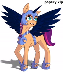Size: 1650x1917 | Tagged: safe, artist:papery xlp, imported from derpibooru, nightmare moon, sunny starscout, earth pony, pony, spoiler:g5, spoiler:my little pony: tell your tale, spoiler:tyts01e30, clothes, cosplay, costume, fake alicorn, fake horn, fake wings, female, g5, mane stripe sunny, mare, multicolored hair, my little pony: tell your tale, nightmare moon armor, nightmare night costume, nightmare night party, nightmare sunny, open mouth, open smile, shadow, simple background, smiling, solo, spread wings, white background, wings