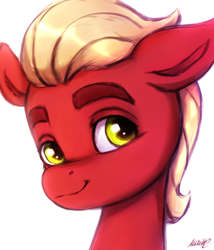 Size: 1574x1841 | Tagged: safe, artist:buttersprinkle, imported from derpibooru, sprout cloverleaf, earth pony, pony, bust, cute, floppy ears, g5, looking at you, male, portrait, signature, simple background, smiling, solo, sproutbetes, stallion, white background