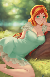 Size: 1300x1980 | Tagged: safe, alternate version, artist:merore, imported from derpibooru, sunset shimmer, human, beautiful, blushing, breasts, busty sunset shimmer, cleavage, clothes, cute, dress, female, forest, humanized, looking at you, lying, lying down, nature, outdoors, shimmerbetes, smiling, solo, tree