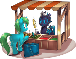 Size: 1714x1330 | Tagged: safe, artist:nauyaco, imported from derpibooru, oc, oc:w. rhinestone eyes, changeling, pony, unicorn, butt, color, corn, female, food, food stand, honeypot changeling, mare, plot, simple background, transparent background, vendor, vendor stall