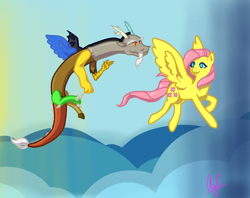 Size: 6300x5000 | Tagged: safe, artist:littleempressbee, imported from derpibooru, discord, fluttershy, draconequus, pegasus, pony, absurd resolution, cloud, discoshy, duo, female, flying, male, no pupils, shipping, straight