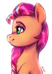 Size: 1628x2308 | Tagged: safe, artist:buttersprinkle, imported from derpibooru, sunny starscout, earth pony, pony, female, g5, mare, multicolored hair, profile, signature, simple background, smiling, solo, white background