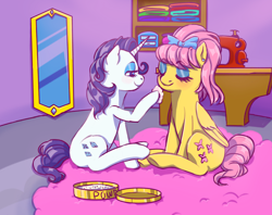 Size: 6300x5000 | Tagged: safe, artist:littleempressbee, imported from derpibooru, fluttershy, rarity, pegasus, pony, unicorn, absurd resolution, alternate hairstyle, bow, duo, eyeshadow, female, hair bow, makeover, makeup, mare, mirror, powder puff, sewing machine, slumber party, smiling