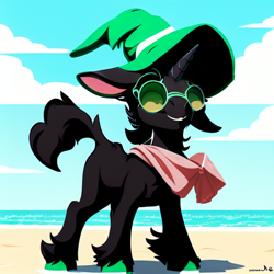 Size: 512x512 | Tagged: safe, editor:paracompact, imported from derpibooru, pony, unicorn, ai assisted, ai content, beach, black coat, clothes, cute, deltarune, eyes closed, generator:purplesmart.ai, generator:stable diffusion, glasses, gradient background, hat, male, missing accessory, ponified, ralsei, scarf, simple background, stallion