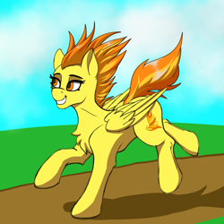 Size: 2223x2223 | Tagged: safe, artist:crimsonwolf360, imported from derpibooru, spitfire, pegasus, pony, cloud, female, grass, grin, jogging, mare, morning, sky, smiling, solo