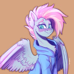 Size: 2048x2048 | Tagged: safe, artist:yumkandie, imported from derpibooru, oc, oc only, oc:skyline, pegasus, pony, brown background, clothes, ear piercing, female, hoodie, looking at you, mare, mohawk, pegasus oc, piercing, simple background, smiling, solo, wings