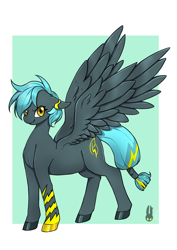 Size: 1446x2039 | Tagged: safe, artist:natt333, imported from derpibooru, oc, oc only, oc:storm aura, pegasus, pony, fallout equestria, commissioner:solar aura, signature, solo, spread wings, tattoo, wings