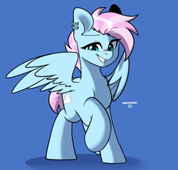 Size: 2730x2600 | Tagged: safe, artist:cottonsweets, imported from derpibooru, oc, oc only, oc:skyline, pegasus, pony, blue background, ear piercing, female, mare, mohawk, pegasus oc, piercing, simple background, solo