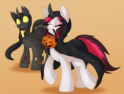 Size: 4155x3152 | Tagged: safe, artist:pearlyiridescence, imported from derpibooru, oc, oc only, oc:flavis, oc:siren, changeling, pegasus, candy, changeling oc, cloak, clothes, confused, costume, cute, eyes closed, female, food, halloween, halloween costume, holiday, male, mare, mouth hold, pumpkin bucket, scarf, simple background, smiling, stallion, tentacles, trotting, yellow changeling