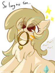 Size: 1200x1600 | Tagged: safe, artist:grithcourage, imported from derpibooru, oc, oc only, oc:grith courage, earth pony, pony, adorable face, bell, bell collar, brown mane, chest fluff, collar, cute, excited, female, happy, jewelry, looking up, mouth hold, necklace, nom, red eyes, simple background, solo, text, white background