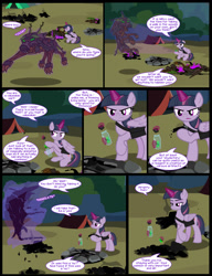 Size: 1042x1358 | Tagged: safe, artist:dendoctor, imported from derpibooru, mean twilight sparkle, twilight sparkle, alicorn, pony, timber wolf, comic:clone.., alternate universe, bag, bottle, clone, comic, everfree forest, female, g4, glowing, glowing horn, horn, magic, mare, saddle bag, telekinesis, tent, twilight sparkle (alicorn)