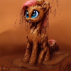 Size: 1024x1024 | Tagged: safe, imported from derpibooru, fluttershy, pegasus, pony, ai content, ai generated, covered in mud, female, generator:purplesmart.ai, generator:stable diffusion, mud, muddy, open mouth, open smile, smiling, solo