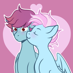 Size: 1333x1330 | Tagged: safe, artist:vatutina, imported from derpibooru, oc, oc only, oc:morganette larimar, oc:skyline, pegasus, pony, blushing, duo, female, mare, mohawk, outline, pegasus oc, white outline