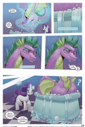 Size: 1366x2048 | Tagged: safe, artist:doorpapu, imported from derpibooru, rarity, spike, pony, unicorn, comic:warm embrace, bathtub, comic, dialogue, duo, female, levitation, magic, male, misspelling, older, older rarity, older spike, redesign, shipping, sparity, straight, stuck, telekinesis, white pupils