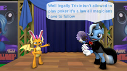 Size: 640x360 | Tagged: source needed, useless source url, safe, artist:ask-the-luna-knight, imported from derpibooru, smolder, trixie, dragon, pony, unicorn, 3d, bunny ears, duo, playing card, source filmmaker, speech bubble, stage, text