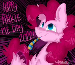 Size: 1407x1217 | Tagged: safe, artist:4agonism, imported from derpibooru, pinkie pie, earth pony, pony, bust, cheek fluff, chest fluff, curly hair, ear fluff, female, happy, hoof fluff, mare, party horn, pinkie pie day, pinkie pie day 2022, raised hoof, smiling, solo, sunburst background, unshorn fetlocks