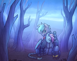 Size: 1280x1024 | Tagged: safe, artist:magicstarfriends, imported from derpibooru, oc, oc only, oc:alabaster, oc:skyline, pegasus, pony, fallout equestria, armor, dead tree, duo, enclave, enclave armor, fallout, female, forest, gun, helmet, male, mare, mask, minigun, mohawk, novasurge rifle, power armor, stallion, tree, weapon