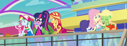 Size: 2952x1080 | Tagged: safe, composite screencap, edit, edited screencap, imported from derpibooru, screencap, applejack, fluttershy, pinkie pie, rainbow dash, rarity, sci-twi, sunset shimmer, twilight sparkle, human, equestria girls, equestria girls series, spring breakdown, spoiler:eqg series (season 2), bare shoulders, baseball cap, cap, clothes, cruise outfit, dress, female, front knot midriff, geode of empathy, geode of super speed, geode of telekinesis, glasses, green face, hairclip, hat, humane five, humane seven, humane six, legs, magical geodes, midriff, panorama, pants, ponytail, seasickness, shirt, shorts, skirt, sleeveless, sleeveless dress, sleeveless shirt, standing, sunglasses, tanktop, wristband