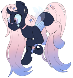 Size: 1985x2112 | Tagged: safe, artist:gnashie, imported from derpibooru, oc, oc only, oc:crystal star, changeling, bandaid, blue changeling, bracelet, changeling oc, changelingified, choker, clothes, ear piercing, earring, flying, frown, horn, jewelry, long mane, long tail, looking down, piercing, simple background, socks, solo, species swap, tail, transparent background, wings