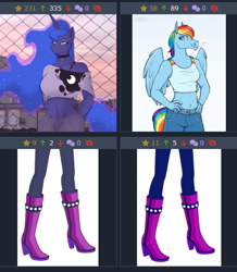 Size: 448x513 | Tagged: safe, artist:jenery, artist:stervyak, imported from derpibooru, princess luna, rainbow dash, anthro, derpibooru, denim, juxtaposition, juxtaposition win, meme, meta