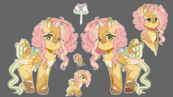 Size: 1280x719 | Tagged: safe, artist:frixmylife, imported from derpibooru, fluttershy, deer, deer pony, original species, pegasus, peryton, pony, alternate design, blushing, female, flower, flower in hair, flutterdeer, gray background, kinsona, looking at you, mare, saddle, simple background, smiling, solo, tack