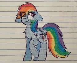 Size: 2288x1867 | Tagged: safe, artist:scarecrowkitty, imported from derpibooru, rainbow dash, pegasus, pony, chest fluff, ear fluff, eye clipping through hair, floppy ears, fluffy, lined paper, looking away, raised hoof, solo, traditional art