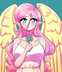 Size: 1800x2100 | Tagged: safe, artist:mylittleyuri, imported from derpibooru, fluttershy, human, blushing, breasts, busty fluttershy, cleavage, clothes, dress, elf ears, eyebrows, eyebrows visible through hair, female, green background, humanized, looking at you, simple background, solo, winged humanization, wings