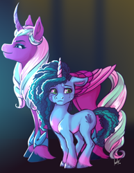 Size: 2024x2624 | Tagged: safe, artist:arky2000, imported from derpibooru, opaline arcana, alicorn, pony, unicorn, spoiler:g5, bracelet, cornrows, crying, curved horn, dark background, digital art, duo, duo female, eyelashes, female, floppy ears, freckles, full body, g5, high res, hooves, horn, jewelry, light, looking back, makeup, mare, misty brightdawn, my little pony: make your mark, my little pony: make your mark chapter 2, sad, simple background, smiling, tail, unshorn fetlocks, wings